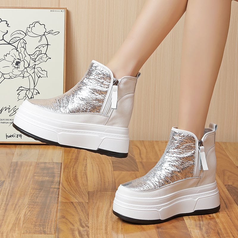 Női Martin csizmák plüss béléssel, magasságot növelő dizájn, középszárú, felső rész tehenbőrből, PU talp