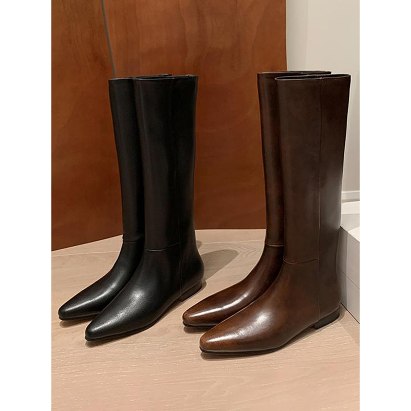 Cizma până la genunchi din piele naturală cu creștere internă a înălțimii, vârf ascuțit, toc 3-5 cm