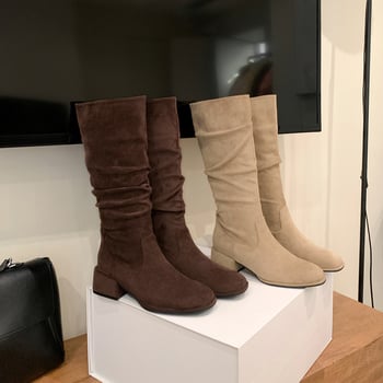 Női lovagcsizma velúrból, négyszögletes orr, vastag sarok 3-5 cm, térdig érő szár, gyapjú bélés