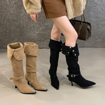 Cizme peste genunchi din velur, vârf ascuțit, toc gros înalt 6-8 cm, tibie înalt, branț din lână