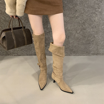 Cizme peste genunchi din velur, vârf ascuțit, toc gros înalt 6-8 cm, tibie înalt, branț din lână