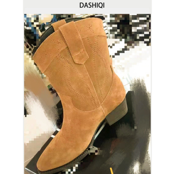 Botine femei Martin: vârf ascuțit, toc gros 3-5 cm, mid shaft, mid shaft, partea superioară din nubuk de vițel, broderie