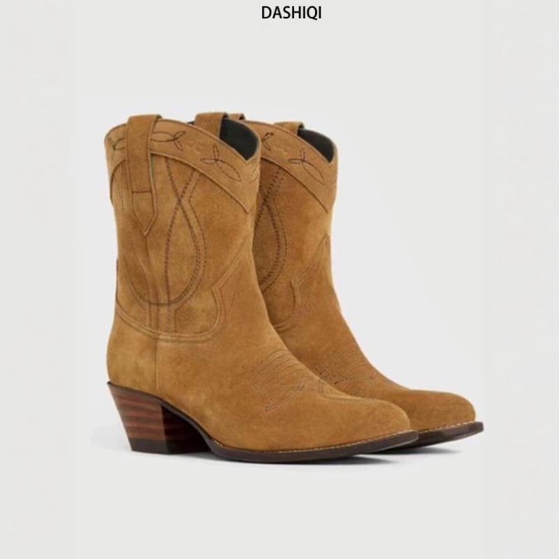 Botine femei Martin: vârf ascuțit, toc gros 3-5 cm, mid shaft, mid shaft, partea superioară din nubuk de vițel, broderie