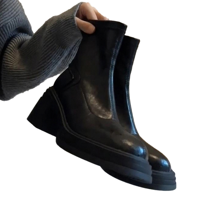 Γυναικείες στενές μπότες με παχύ τακούνι, στρογγυλή μύτη, φερμουάρ στο πίσω μέρος, διπλό βοδινό δέρμα επάνω, καουτσούκ σόλα