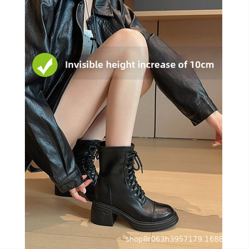 Ghete Martin pentru femei cu înălțime ascunsă, vârf rotund, toc gros peste 8 cm, fermoar pe spate, ghete scurte