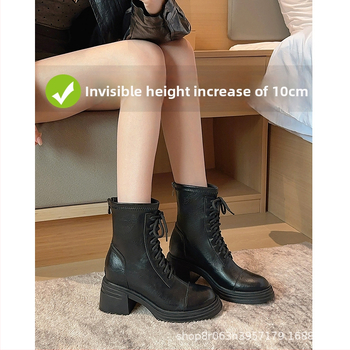 Ghete Martin pentru femei cu înălțime ascunsă, vârf rotund, toc gros peste 8 cm, fermoar pe spate, ghete scurte