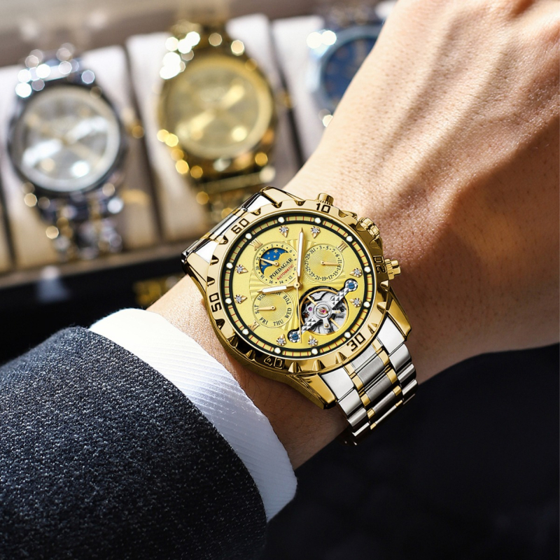 Férfi mechanikus karóra, 50 m vízálló, 42 mm-es számlap, rozsdamentes acél tok és karkötő, tourbillon és holdfázis