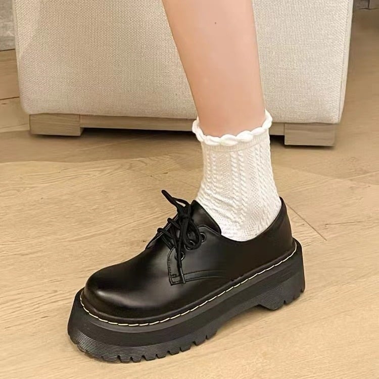 Pantofi platformă pentru femei, vârf rotund, exterior din piele naturală, căptușeală PU, talpă din cauciuc