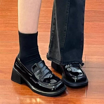 Loafers damă, stil britanic, vârf pătrat, PU partea superioară, talpă din cauciuc, toc gros 6–8 cm