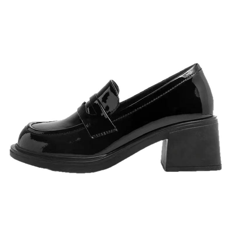 Loafers damă, stil britanic, vârf pătrat, PU partea superioară, talpă din cauciuc, toc gros 6–8 cm