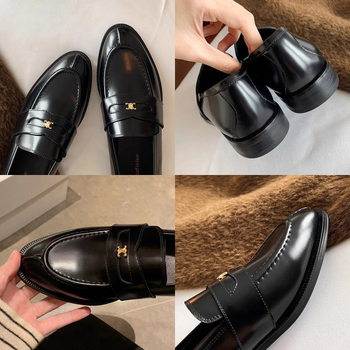 Loafer din piele de vită, vârf ascuțit, cataramă aurie, toc mic 1–3 cm, talpă din cauciuc
