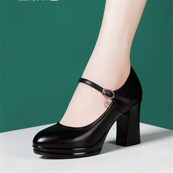 Pantofi cu toc PU cu vârf rotund și talpă groasă, căptușeală din microfibră, înălțime toc 6–8 cm