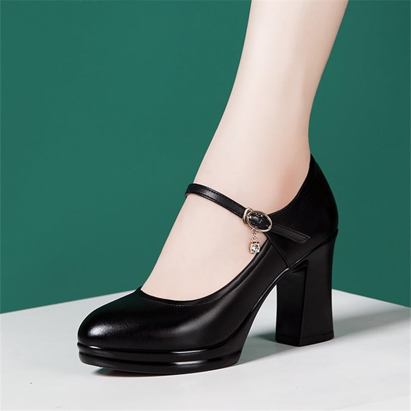 Pantofi cu toc PU cu vârf rotund și talpă groasă, căptușeală din microfibră, înălțime toc 6–8 cm