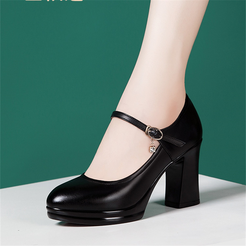 Pantofi cu toc PU cu vârf rotund și talpă groasă, căptușeală din microfibră, înălțime toc 6–8 cm