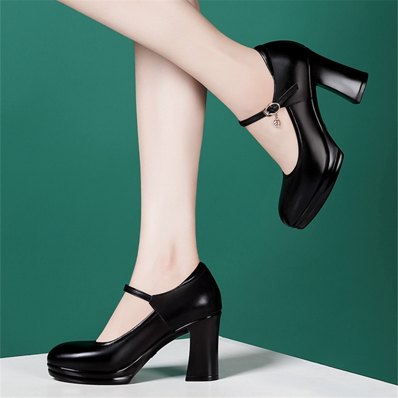 Pantofi cu toc PU cu vârf rotund și talpă groasă, căptușeală din microfibră, înălțime toc 6–8 cm