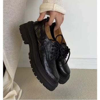 Loafers vintage din piele de vită din două straturi – vârf rotund, toc gros 3–5 cm, talpă din cauciuc, branț din piele naturală