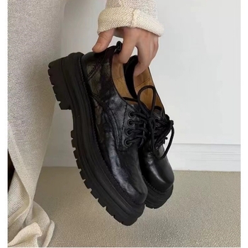 Loafers vintage din piele de vită din două straturi – vârf rotund, toc gros 3–5 cm, talpă din cauciuc, branț din piele naturală