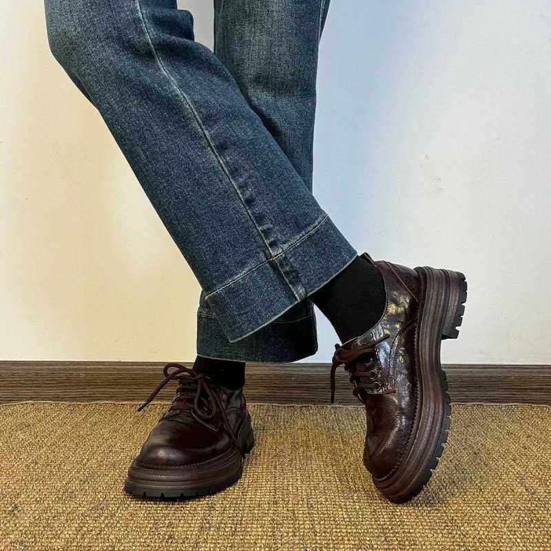 Loafers vintage din piele de vită din două straturi – vârf rotund, toc gros 3–5 cm, talpă din cauciuc, branț din piele naturală