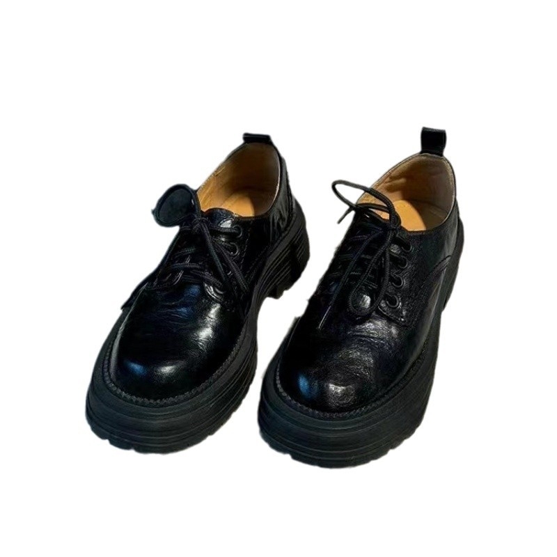 Loafers vintage din piele de vită din două straturi – vârf rotund, toc gros 3–5 cm, talpă din cauciuc, branț din piele naturală