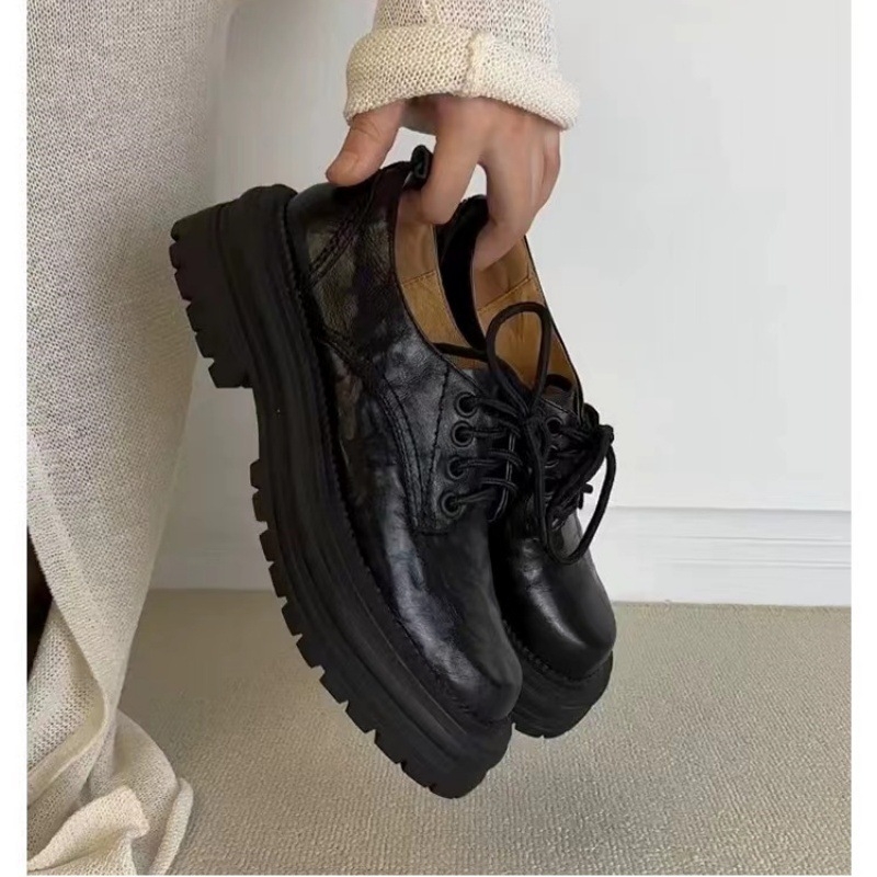 Loafers vintage din piele de vită din două straturi – vârf rotund, toc gros 3–5 cm, talpă din cauciuc, branț din piele naturală