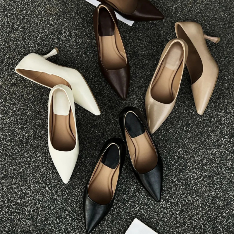 Pantofi femei cu toc înalt – vârf ascuțit, PU partea superioară, toc 3–6 cm, toc subțire