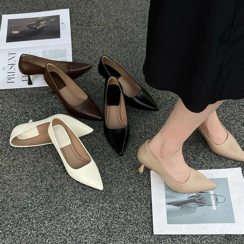 Pantofi femei cu toc înalt – vârf ascuțit, PU partea superioară, toc 3–6 cm, toc subțire