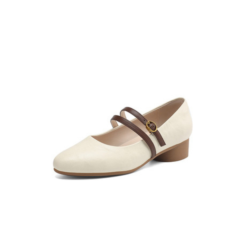 Pantofi Mary Jane în stil retro, curea cu cataramă, vârf rotund, toc tip wedge 4–6 cm, partea superioară din cauciuc, branț din microfibră de piele