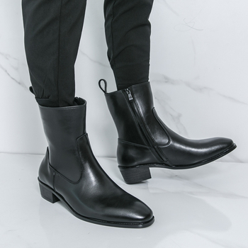 Ghete Chelsea bărbați, partea superioară PU artificial, talpă din cauciuc, toc pătrat mic 1–3 cm, piele alpaca exterioară, interior din piele