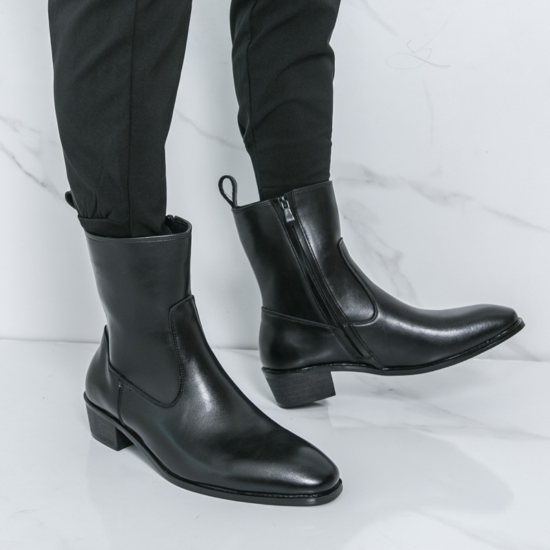 Ghete Chelsea bărbați, partea superioară PU artificial, talpă din cauciuc, toc pătrat mic 1–3 cm, piele alpaca exterioară, interior din piele