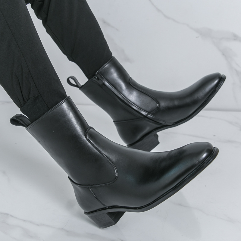 Ghete Chelsea bărbați, partea superioară PU artificial, talpă din cauciuc, toc pătrat mic 1–3 cm, piele alpaca exterioară, interior din piele