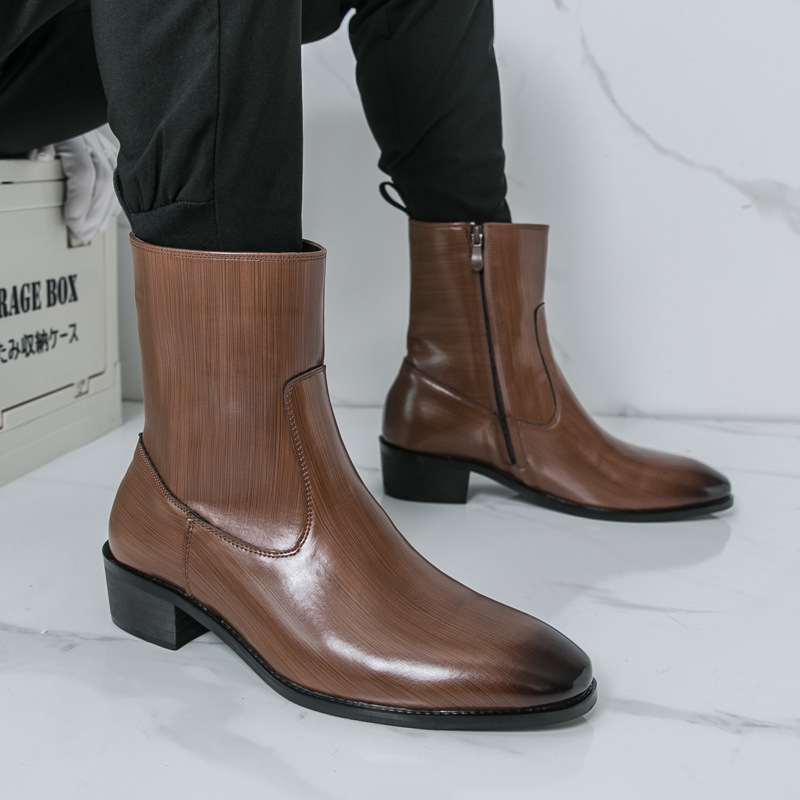 Ghete Chelsea bărbați, partea superioară PU artificial, talpă din cauciuc, toc pătrat mic 1–3 cm, piele alpaca exterioară, interior din piele