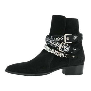 Ghete Chelsea pentru bărbați cu înălțime mare a gambelor, detaliu lanț, vârf ascuțit, toc mediu 3–5 cm, căptușeală din piele naturală, talpă din cauciuc