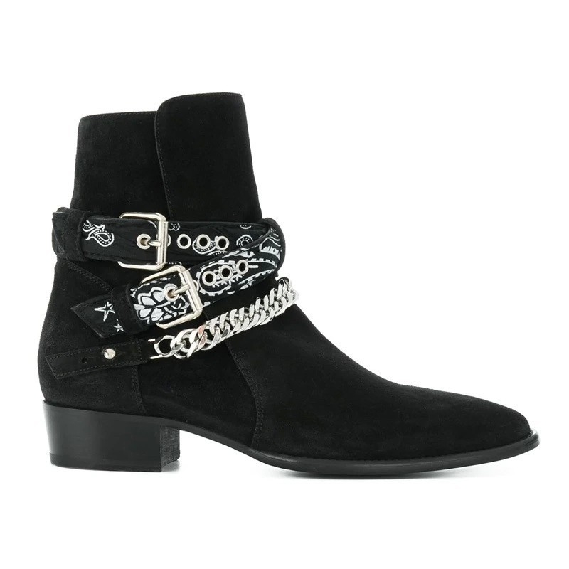 Ghete Chelsea pentru bărbați cu înălțime mare a gambelor, detaliu lanț, vârf ascuțit, toc mediu 3–5 cm, căptușeală din piele naturală, talpă din cauciuc