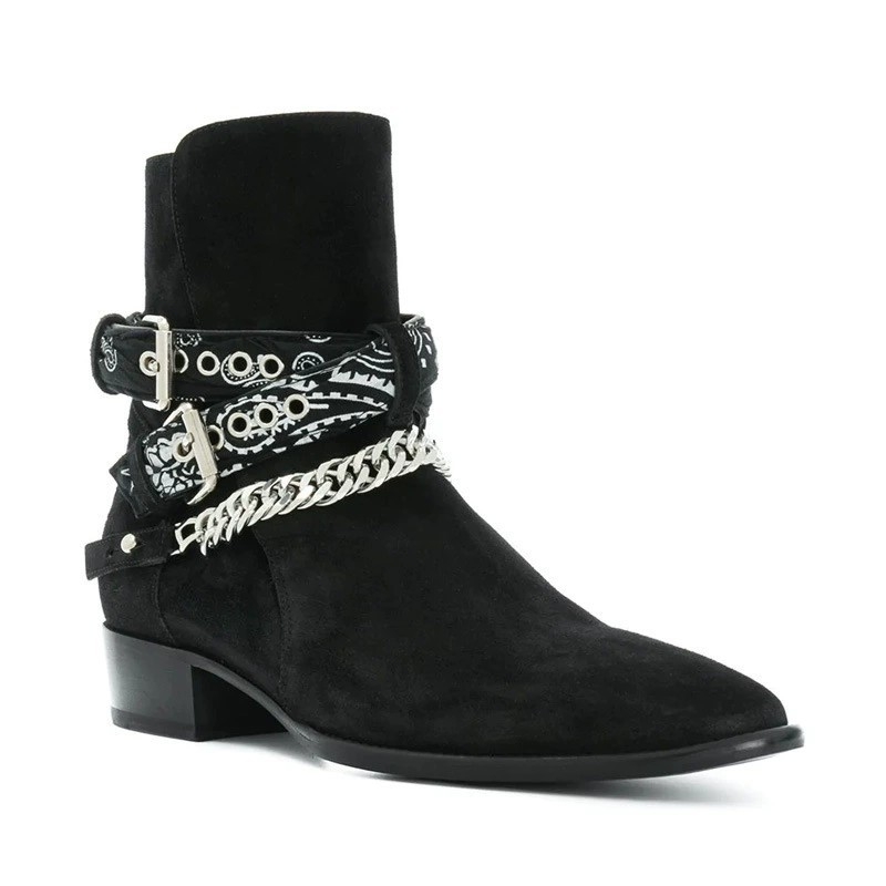 Ghete Chelsea pentru bărbați cu înălțime mare a gambelor, detaliu lanț, vârf ascuțit, toc mediu 3–5 cm, căptușeală din piele naturală, talpă din cauciuc