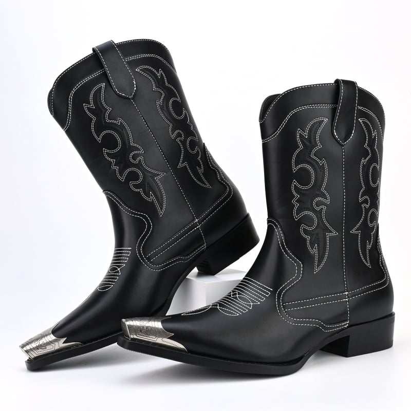 Cizme cowboy cu broderie retro, vârf ascuțit, PU partea superioară, talpă din cauciuc, înălțimea tocului 3–5 cm, unisex