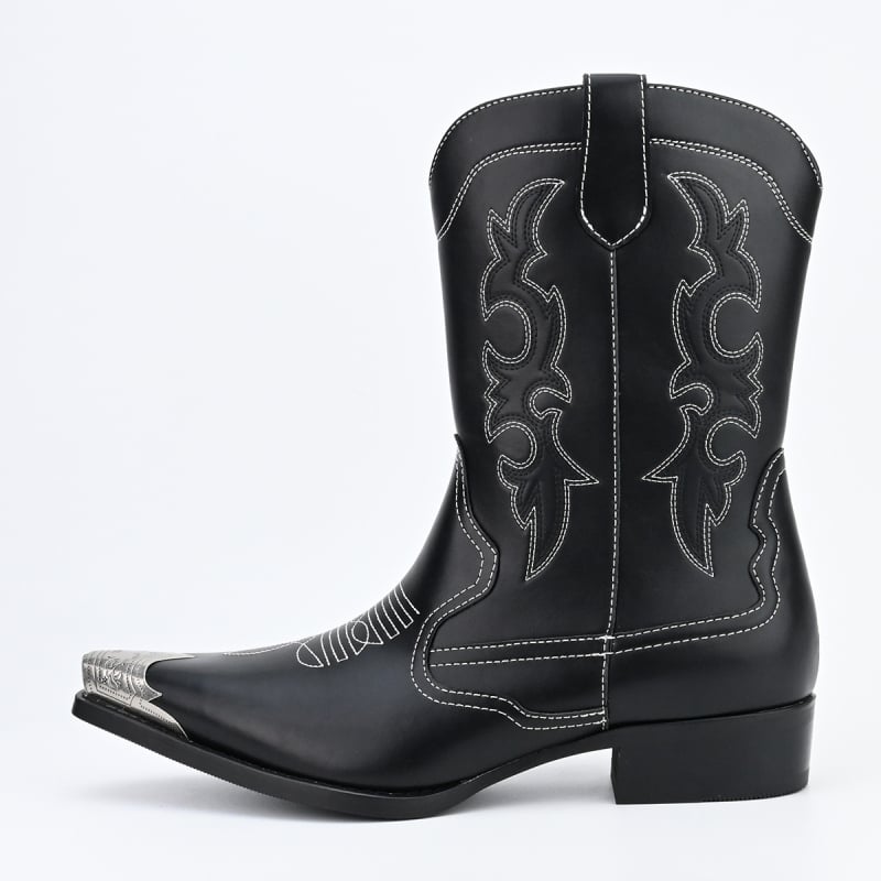 Cizme cowboy cu broderie retro, vârf ascuțit, PU partea superioară, talpă din cauciuc, înălțimea tocului 3–5 cm, unisex