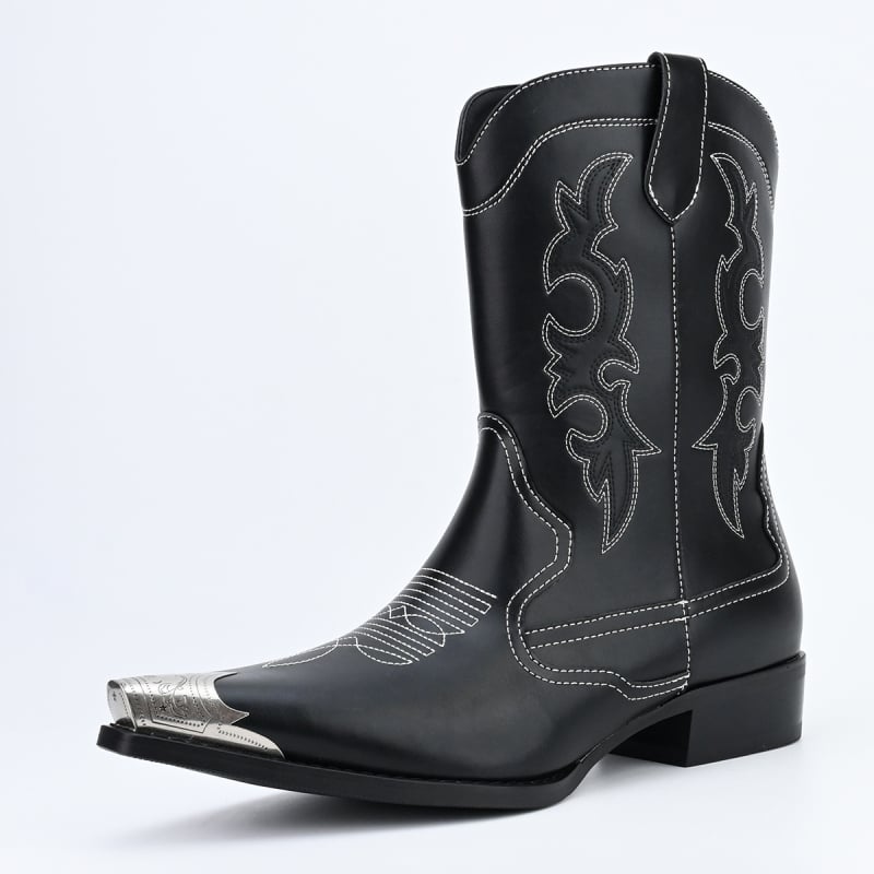 Cizme cowboy cu broderie retro, vârf ascuțit, PU partea superioară, talpă din cauciuc, înălțimea tocului 3–5 cm, unisex