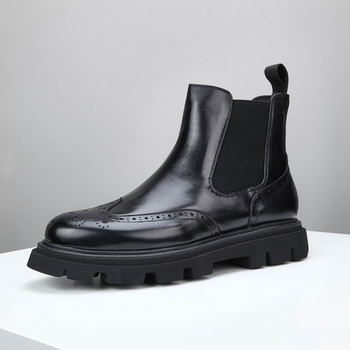 Ghete bărbătești din piele, înalte, talpă groasă pentru creșterea înălțimii, piele de vițel autentică, vârf rotund, impermeabile
