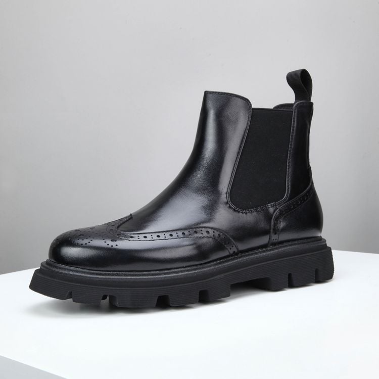 Ghete bărbătești din piele, înalte, talpă groasă pentru creșterea înălțimii, piele de vițel autentică, vârf rotund, impermeabile