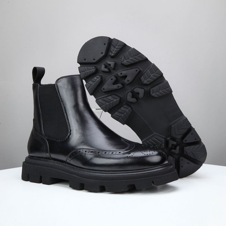 Ghete bărbătești din piele, înalte, talpă groasă pentru creșterea înălțimii, piele de vițel autentică, vârf rotund, impermeabile