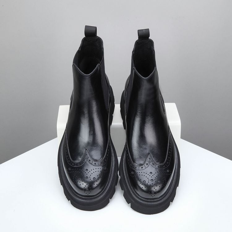 Ghete bărbătești din piele, înalte, talpă groasă pentru creșterea înălțimii, piele de vițel autentică, vârf rotund, impermeabile