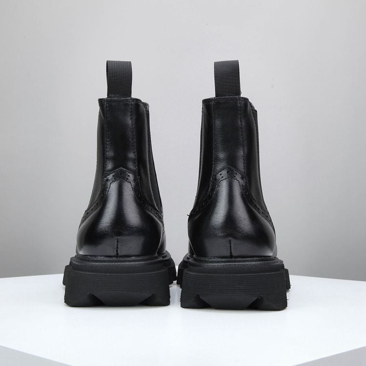 Ghete bărbătești din piele, înalte, talpă groasă pentru creșterea înălțimii, piele de vițel autentică, vârf rotund, impermeabile