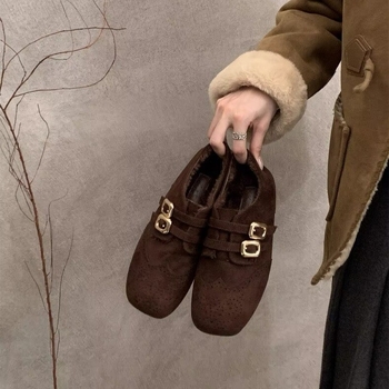 Ženski velur loaferi s flis podstavom, okrugli vrh, niski pet 1–3 cm, gumena potplat — Zima