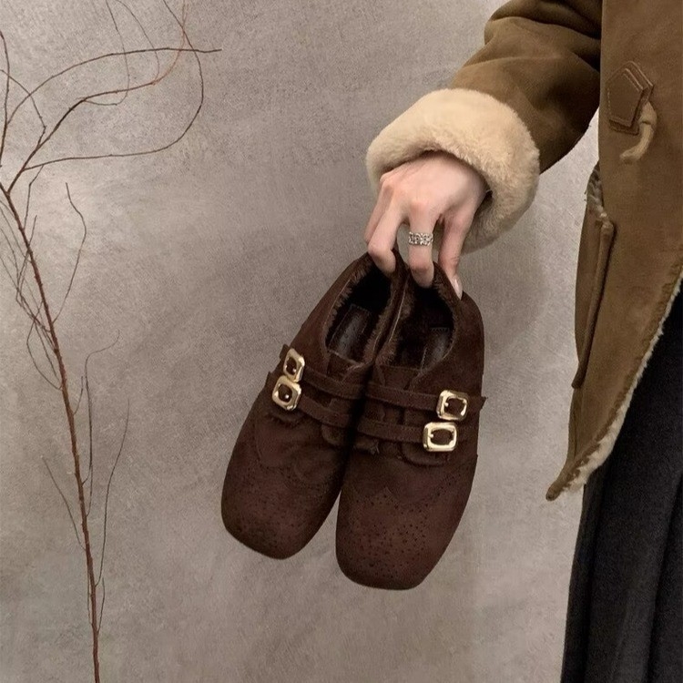 Ženski velur loaferi s flis podstavom, okrugli vrh, niski pet 1–3 cm, gumena potplat — Zima