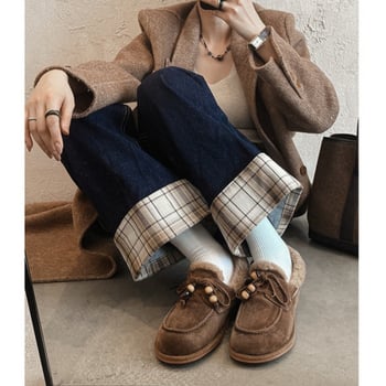 Pantofi din nubuk pentru femei, căptușeală din lână, branț din pluș scurt artificial, talpă TPR, toc înclin 4–6 cm