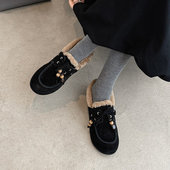 Pantofi din nubuk pentru femei, căptușeală din lână, branț din pluș scurt artificial, talpă TPR, toc înclin 4–6 cm