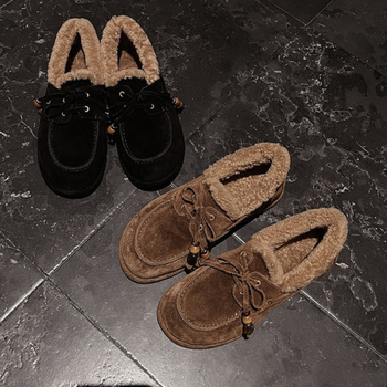 Pantofi din nubuk pentru femei, căptușeală din lână, branț din pluș scurt artificial, talpă TPR, toc înclin 4–6 cm