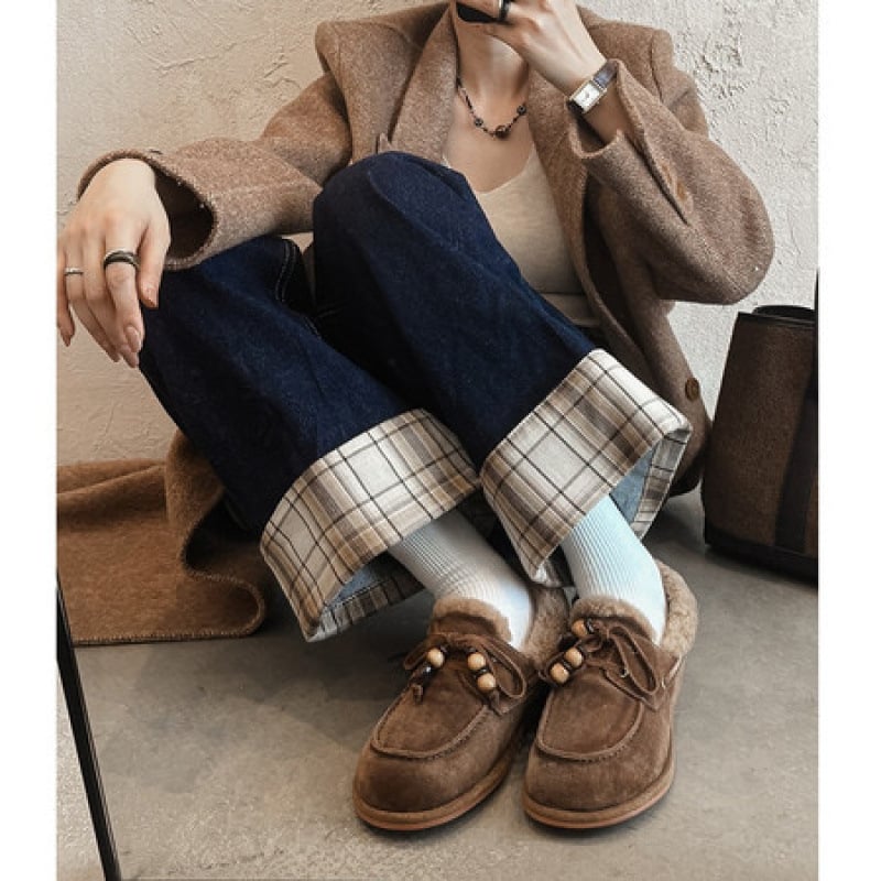 Pantofi din nubuk pentru femei, căptușeală din lână, branț din pluș scurt artificial, talpă TPR, toc înclin 4–6 cm