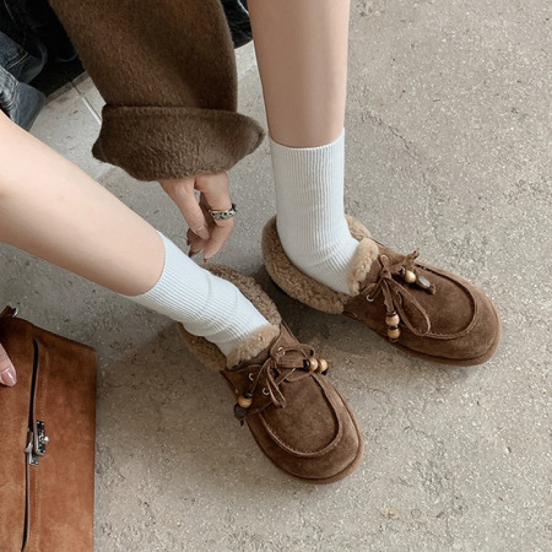 Pantofi din nubuk pentru femei, căptușeală din lână, branț din pluș scurt artificial, talpă TPR, toc înclin 4–6 cm