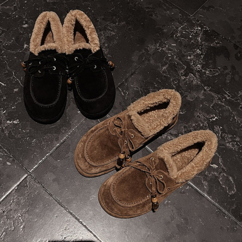 Pantofi din nubuk pentru femei, căptușeală din lână, branț din pluș scurt artificial, talpă TPR, toc înclin 4–6 cm